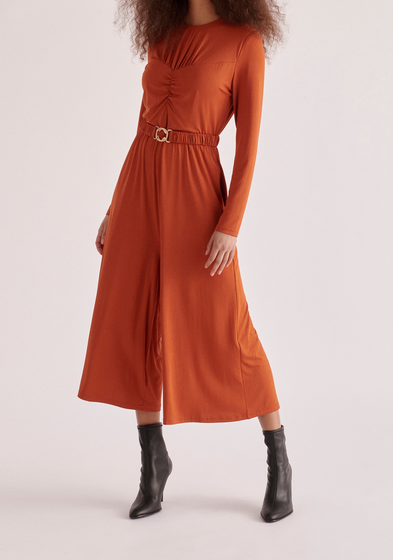 Paisie Ruched Modal Jumpsuit in Burnt Orange
