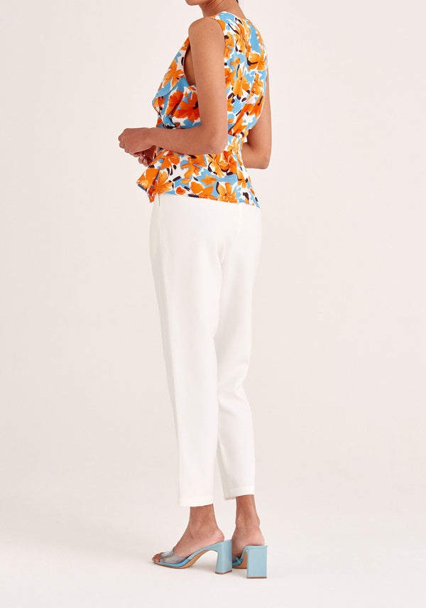 Paisie Floral Sleeveless Frilled V-Neck Blouse in Orange Back