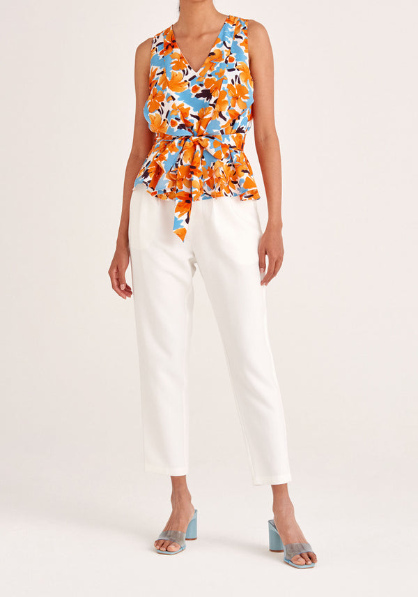 Paisie Floral Sleeveless Frilled V-Neck Blouse in Orange