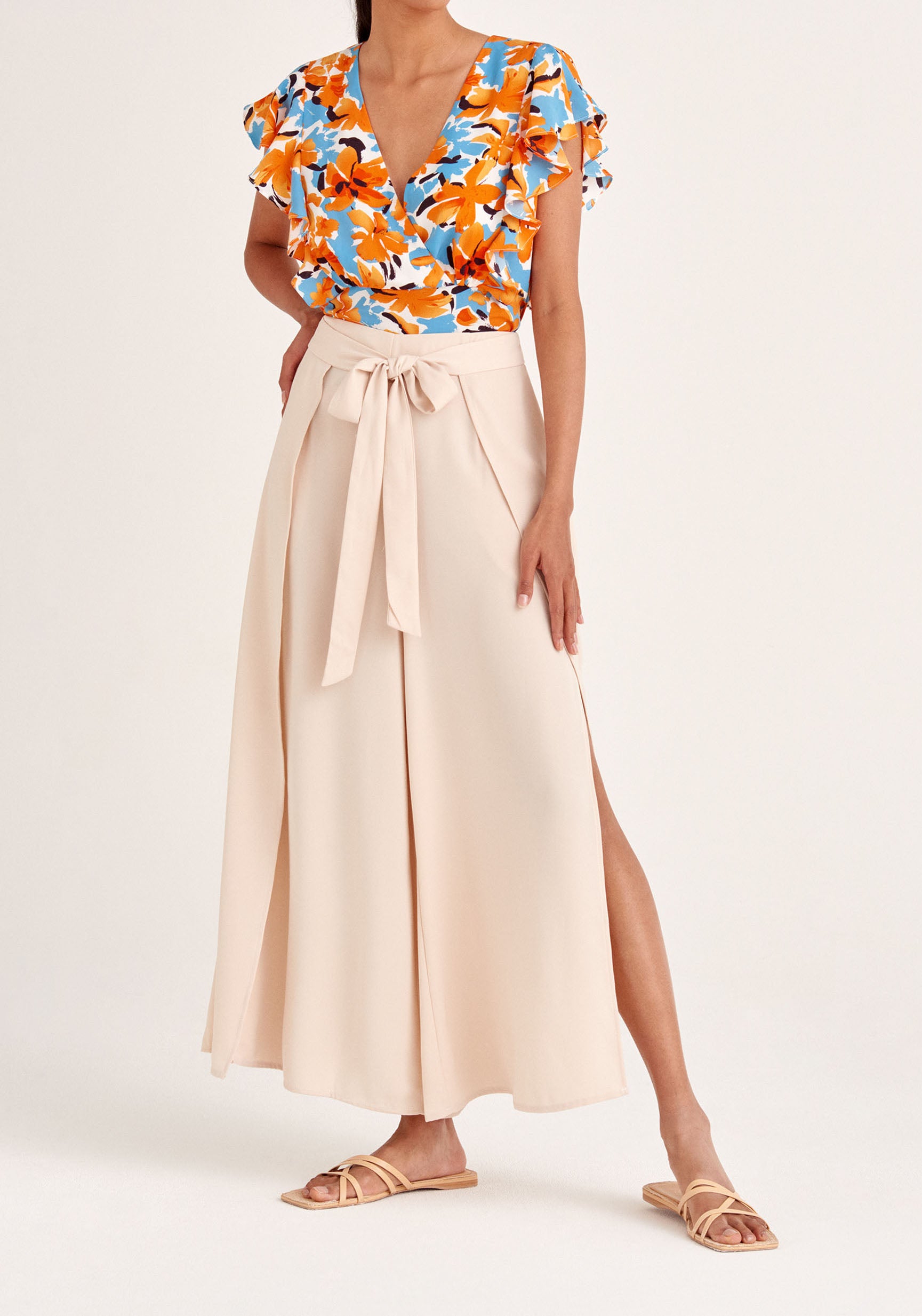 Paisie Layered Wide Leg Trousers in Cream