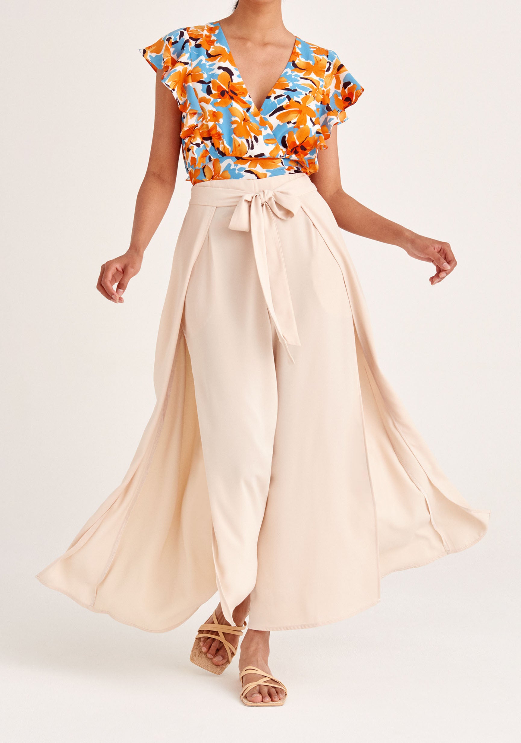 Paisie Layered Wide Leg Trousers in Cream