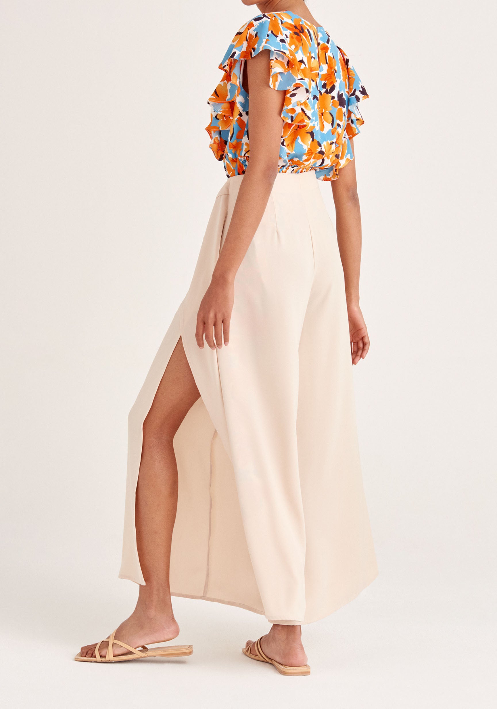 Paisie Layered Wide Leg Trousers in Cream Back