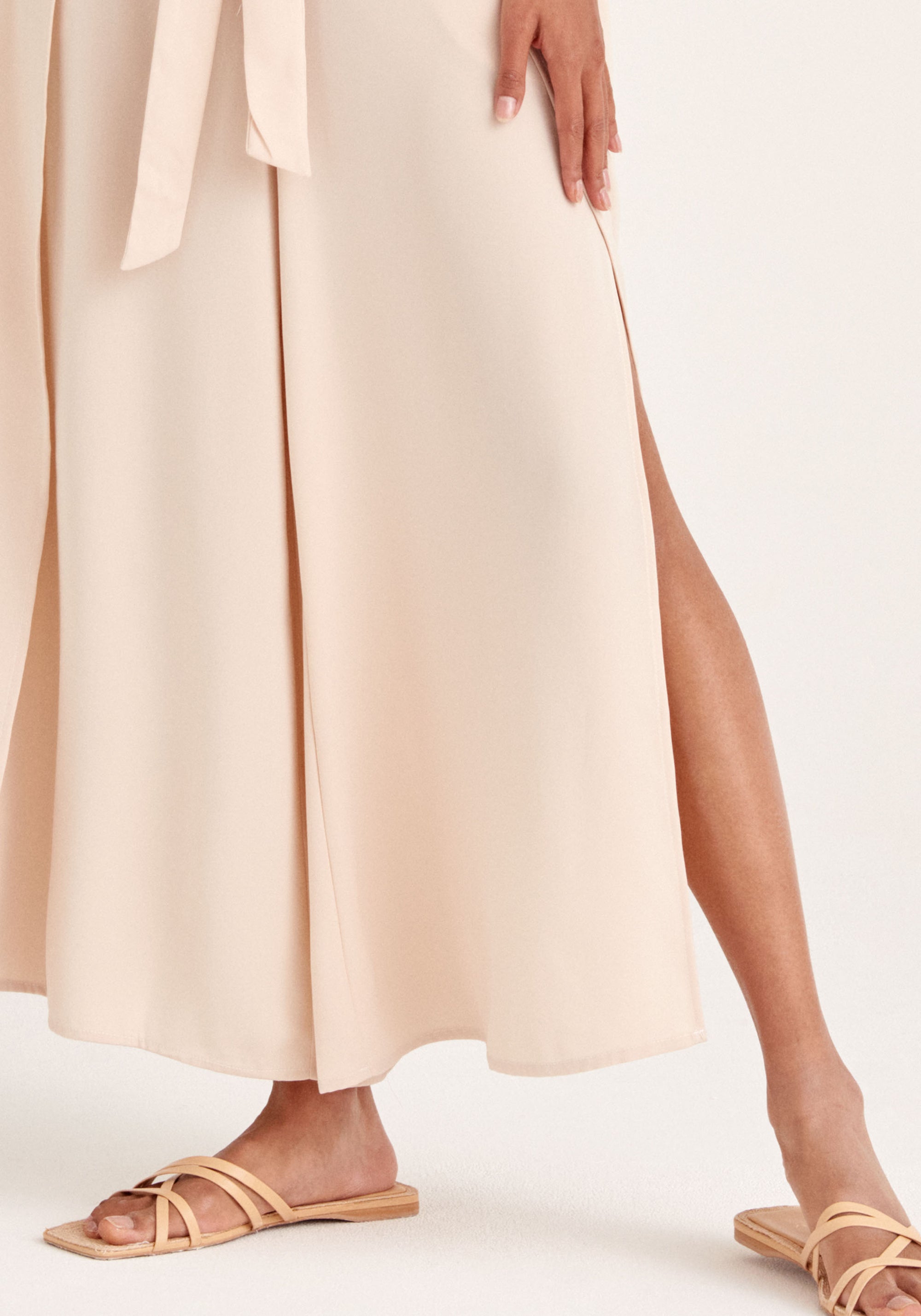 Paisie Layered Wide Leg Trousers in Cream Close Up