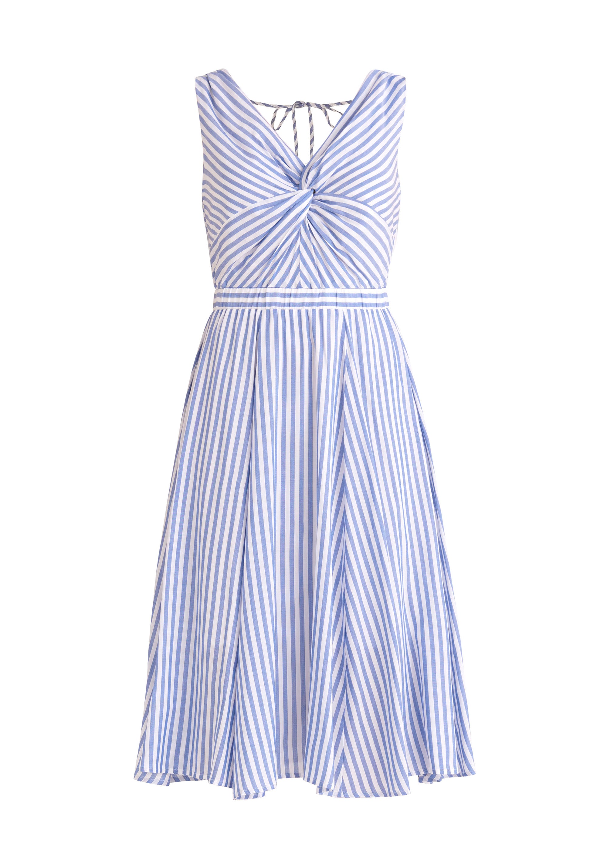 Paisie Striped Midi Twist Dress in Blue and White Cut Out