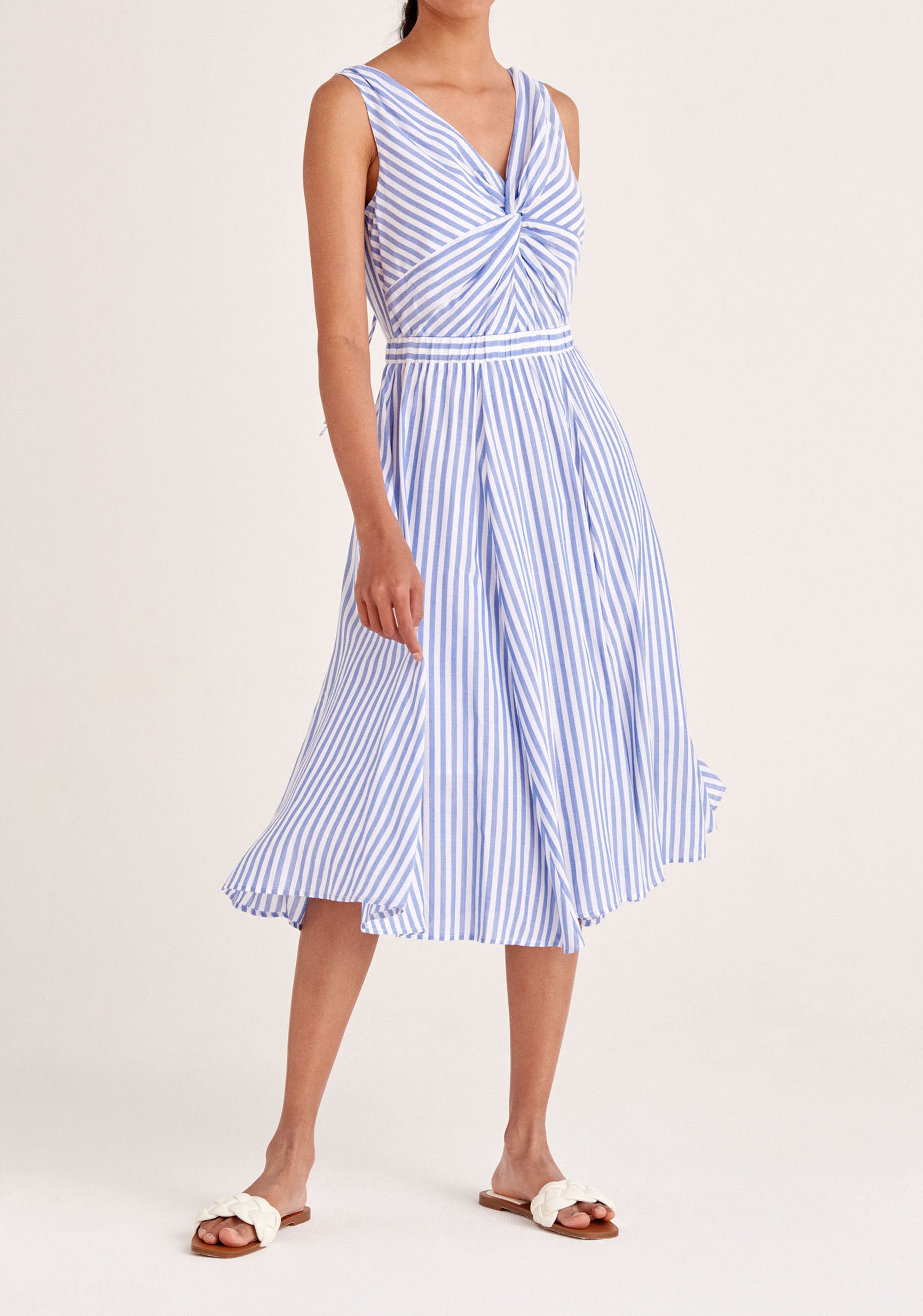 Paisie Striped Midi Twist Dress in Blue and White