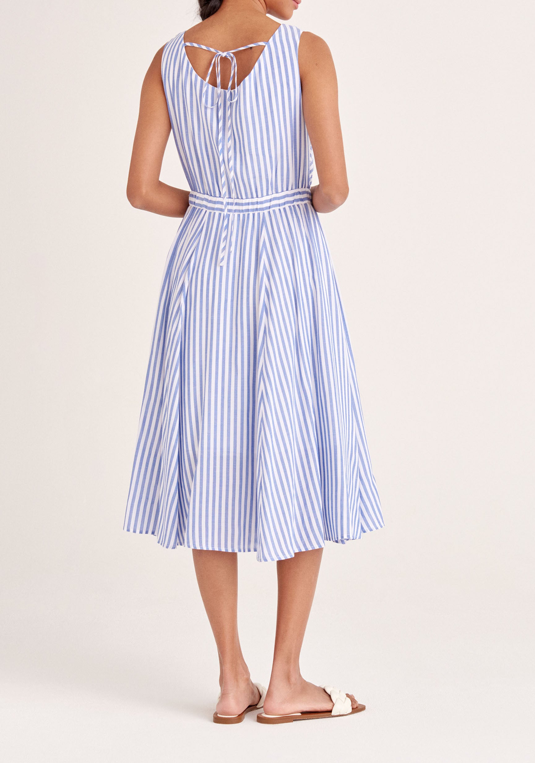 Paisie Striped Midi Twist Dress in Blue and White Back