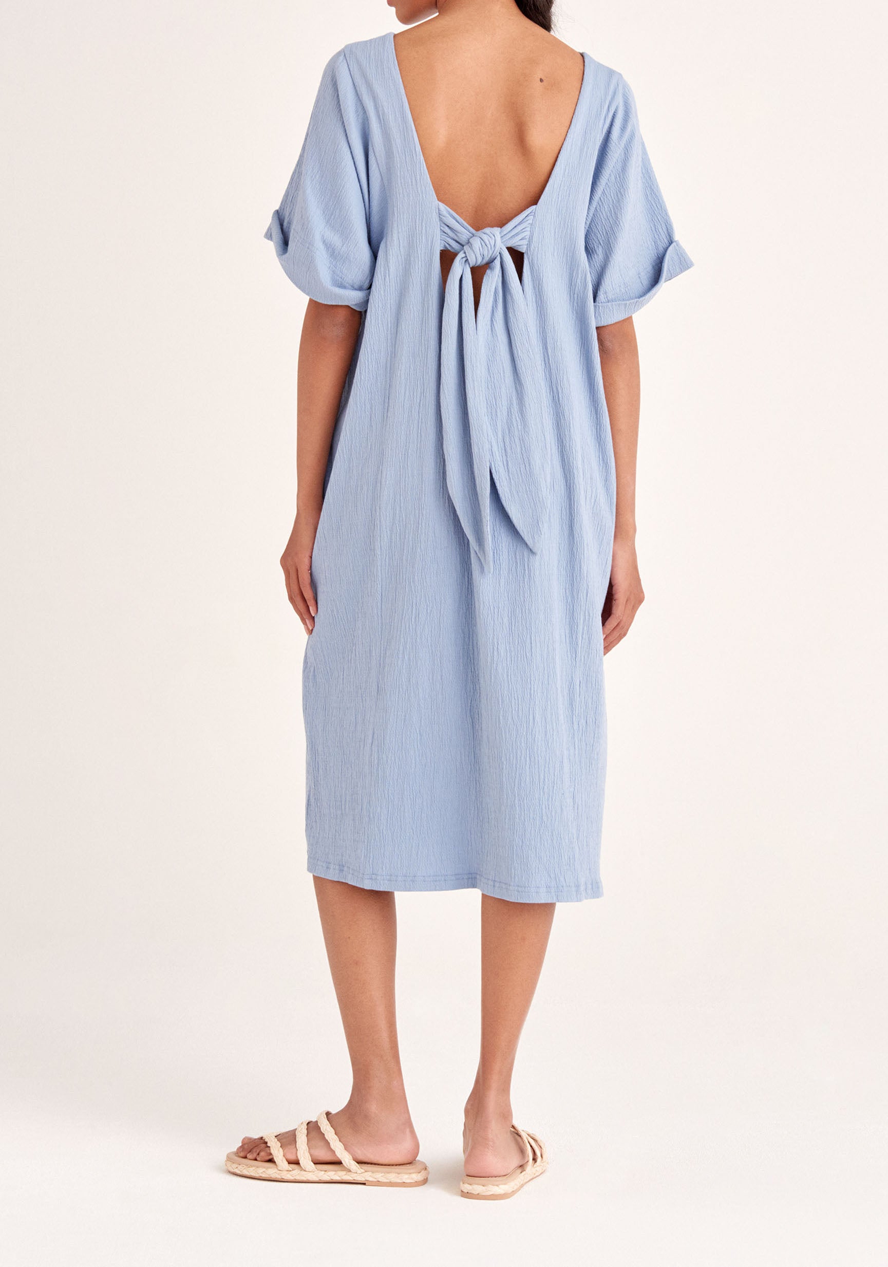 Paisie Relaxed Fit Dress with Back Tie in Blue Back