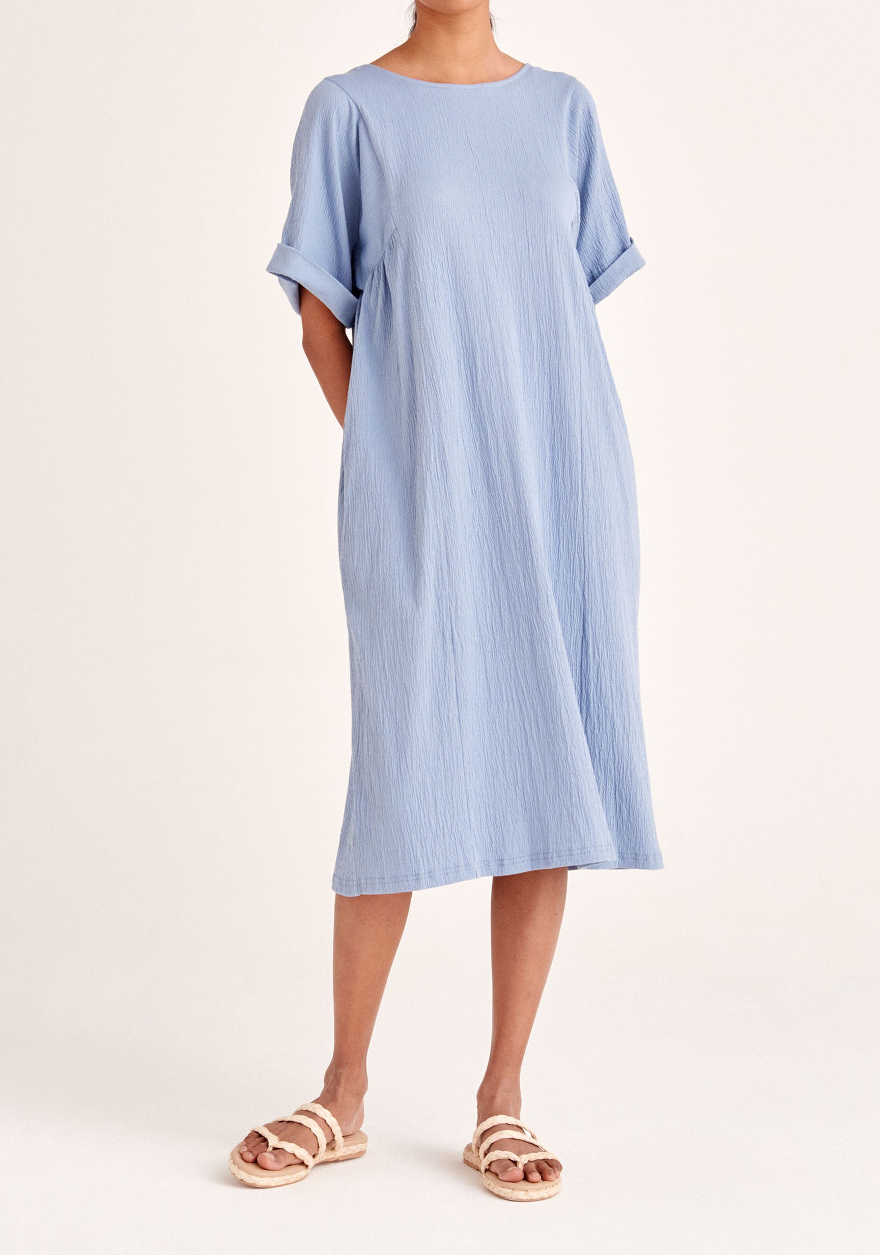 Paisie Relaxed Fit Dress with Back Tie in Blue
