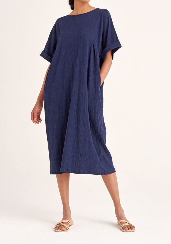 Paisie Relaxed Fit Dress with Back Tie in Navy