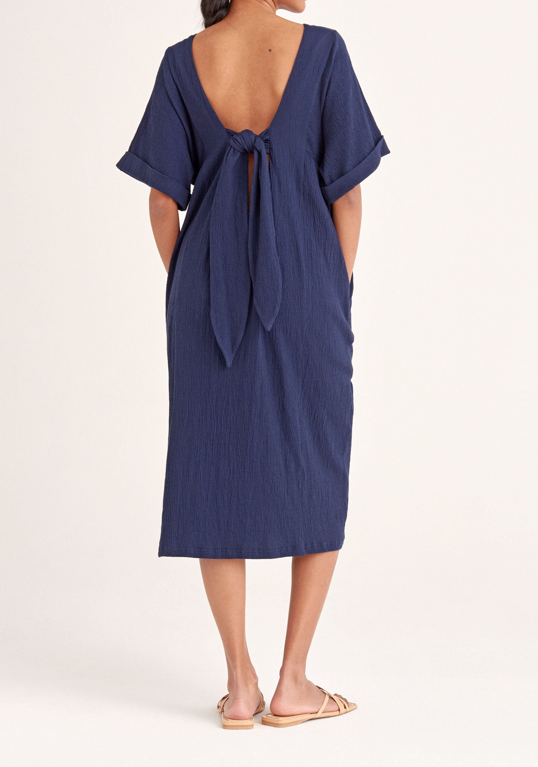 Paisie Relaxed Fit Dress with Back Tie in Navy Back