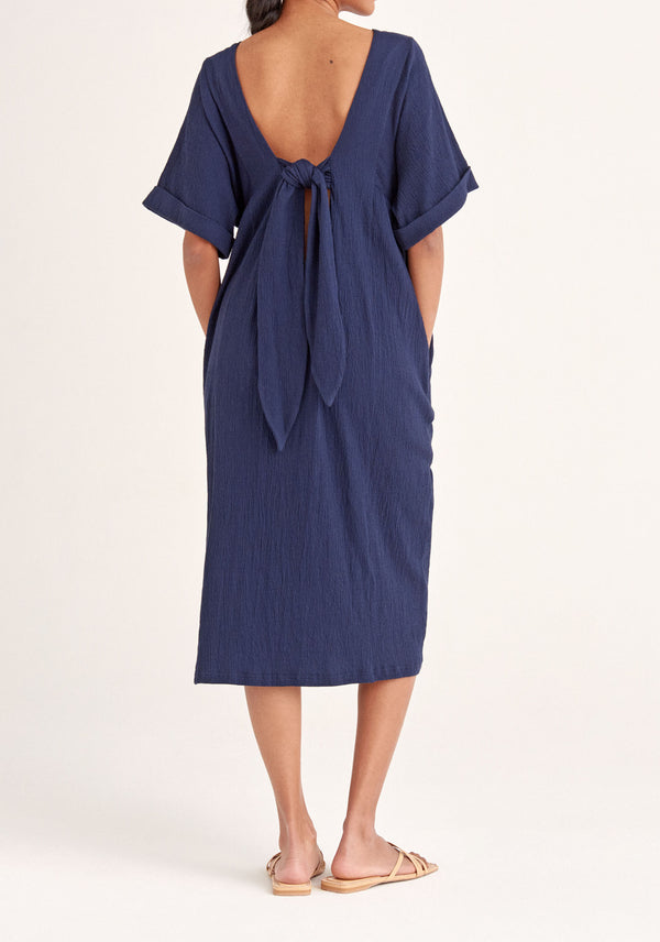 Paisie Relaxed Fit Dress with Back Tie in Navy Back