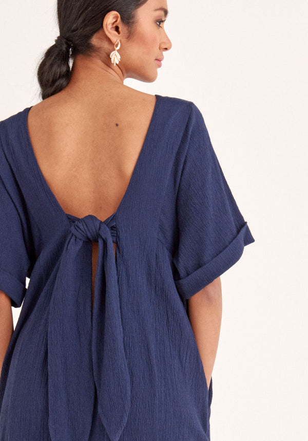 Paisie Relaxed Fit Dress with Back Tie in Navy Close Up