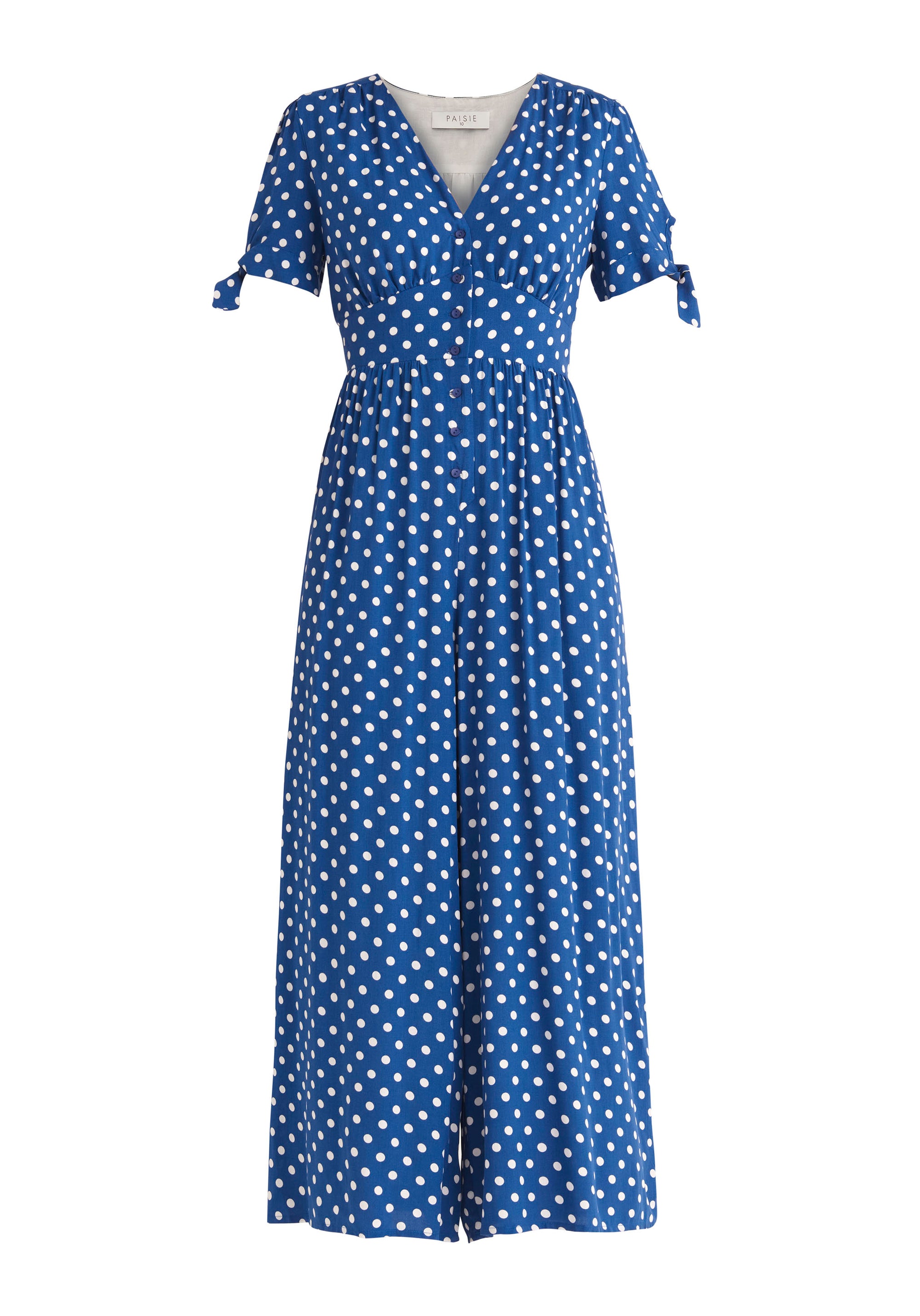 Paisie Sleeve Tie Polka Dot Jumpsuit in Dark Blue and White Cut Out