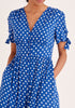 Paisie Sleeve Tie Polka Dot Jumpsuit in Dark Blue and White Close Up