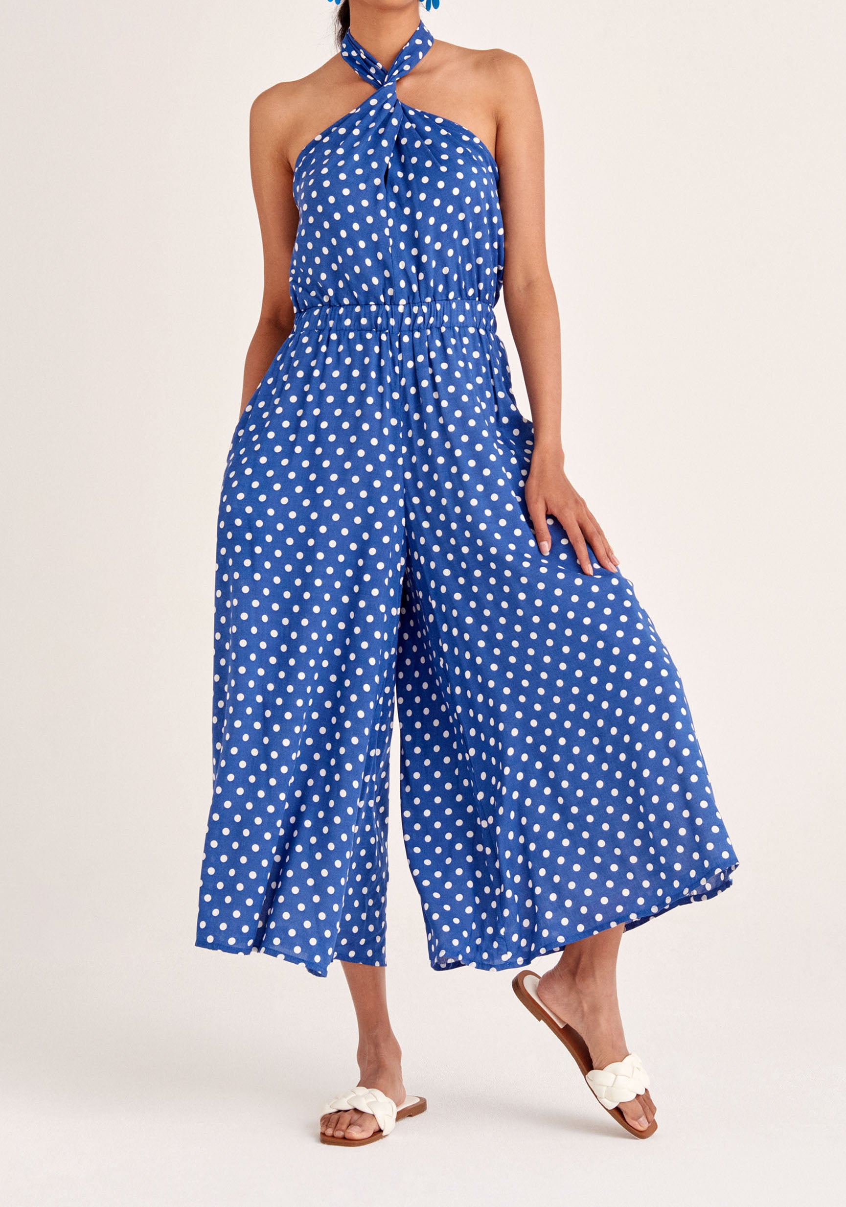 Paisie Polka Dot Halterneck Wrap Jumpsuit in Dark Blue and White