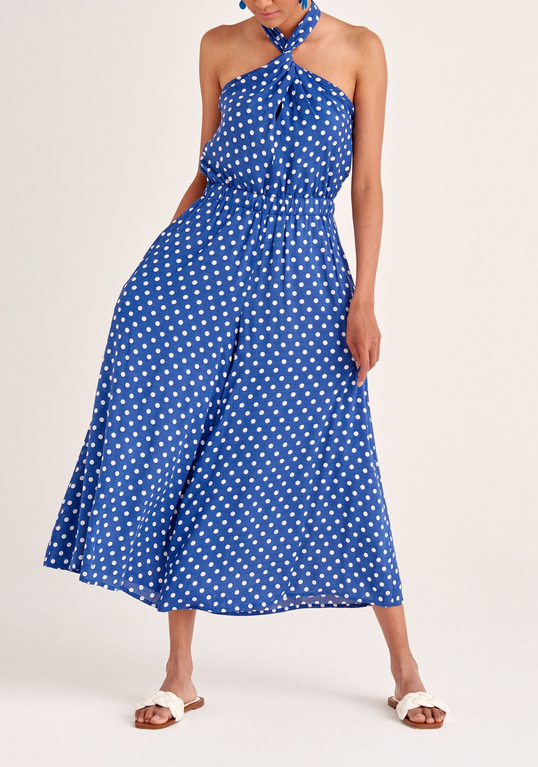 Paisie Polka Dot Halterneck Wrap Jumpsuit in Dark Blue and White