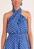 Paisie Polka Dot Halterneck Wrap Jumpsuit in Dark Blue and White Close Up