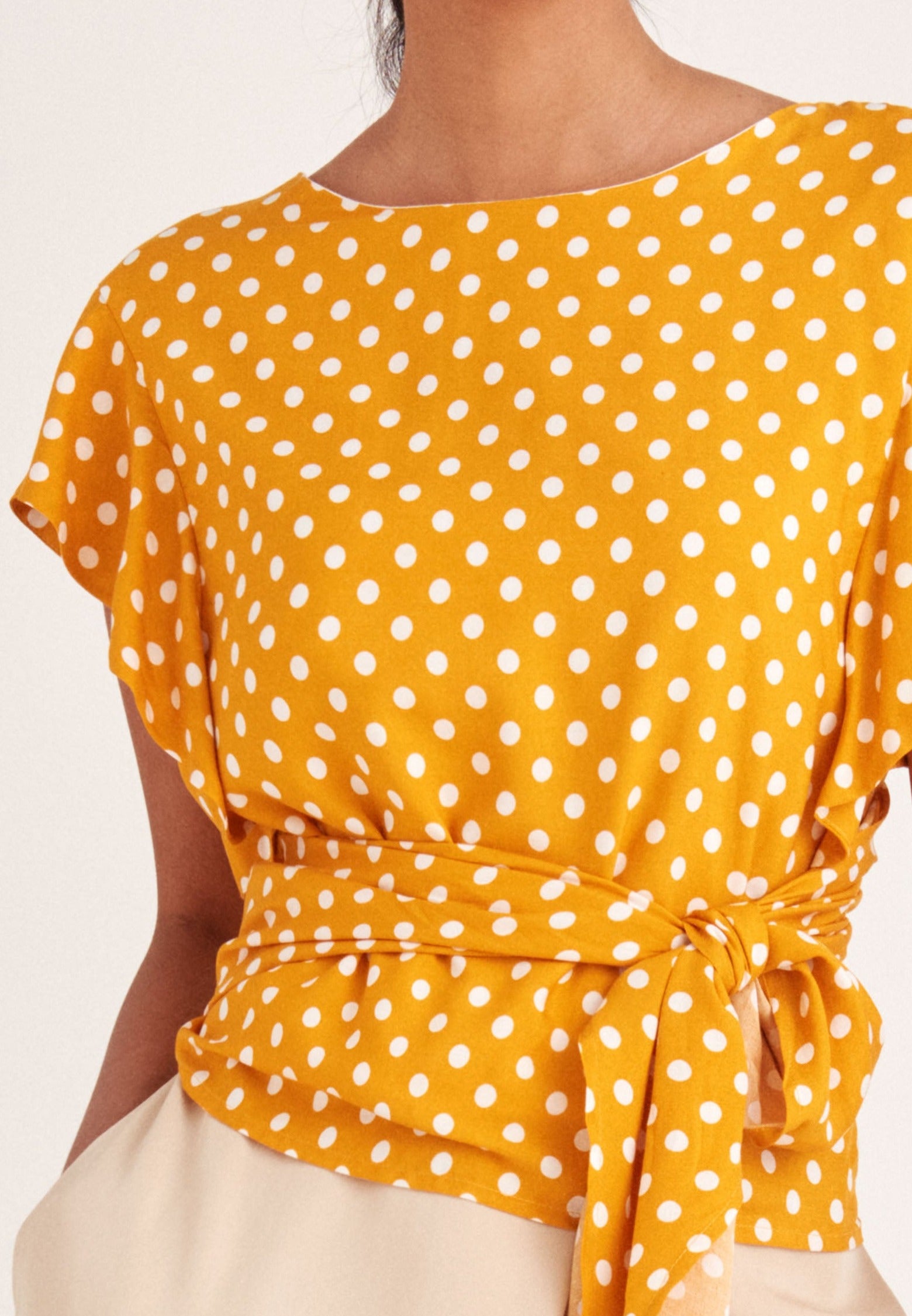 Paisie Polka Dot Two-Way Top in Yellow and White Close Up