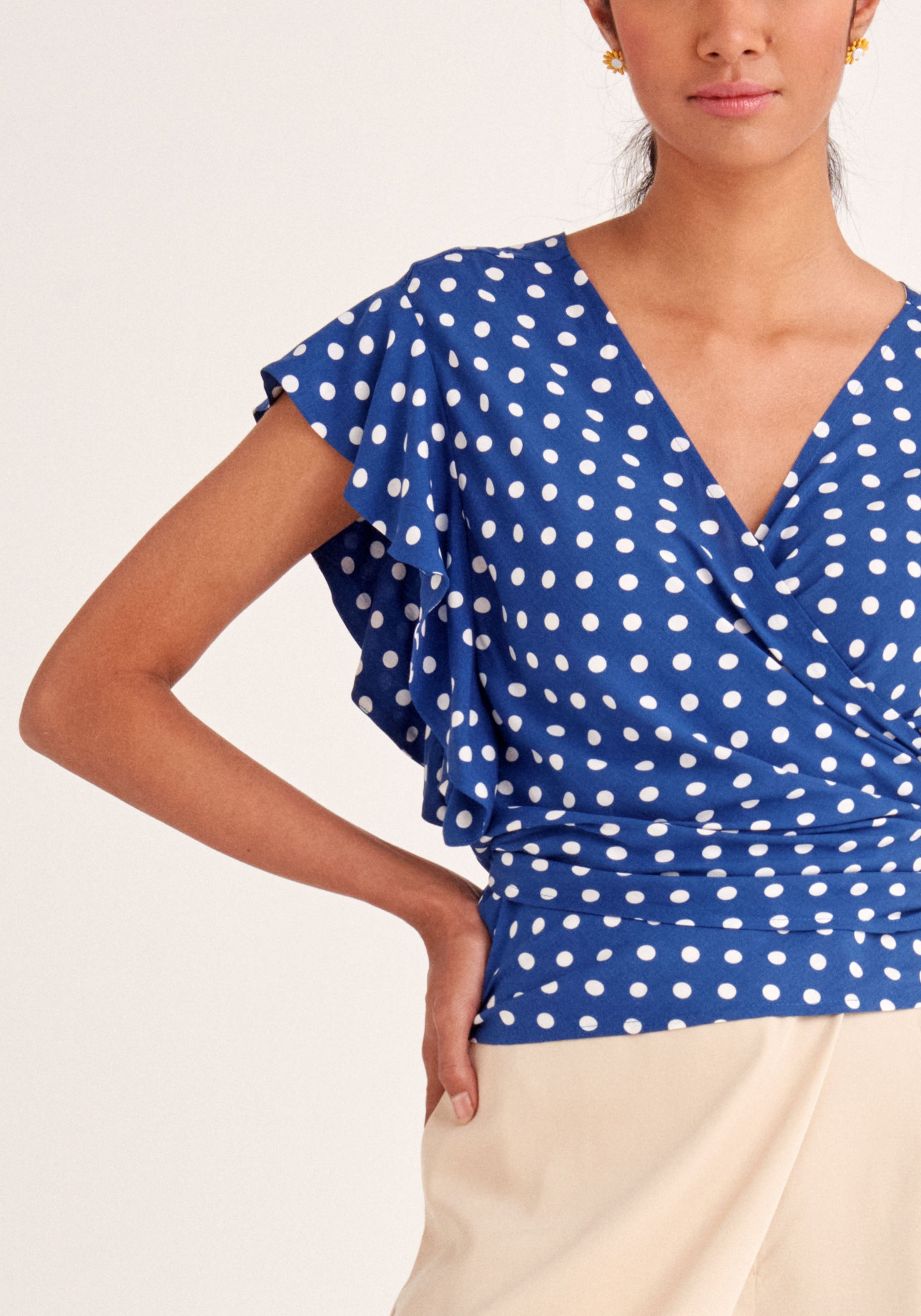 Paisie Polka Dot Two-Way Top in Dark Blue and White Close Up