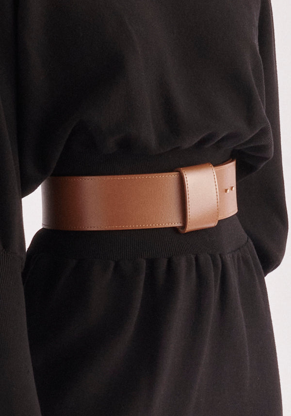 Paisie Wide Leather Belt in Brown Close Up