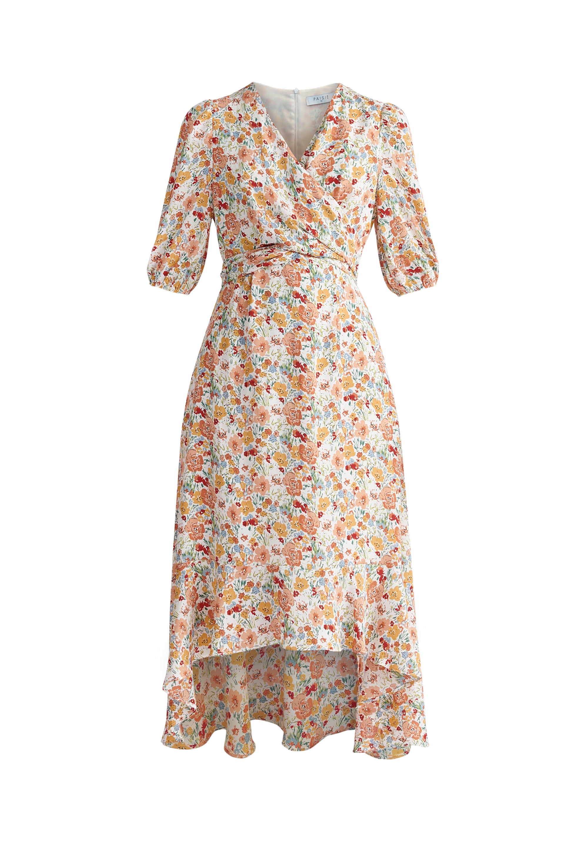 Paisie Floral Dip Hem Wrap Dress Cut Out