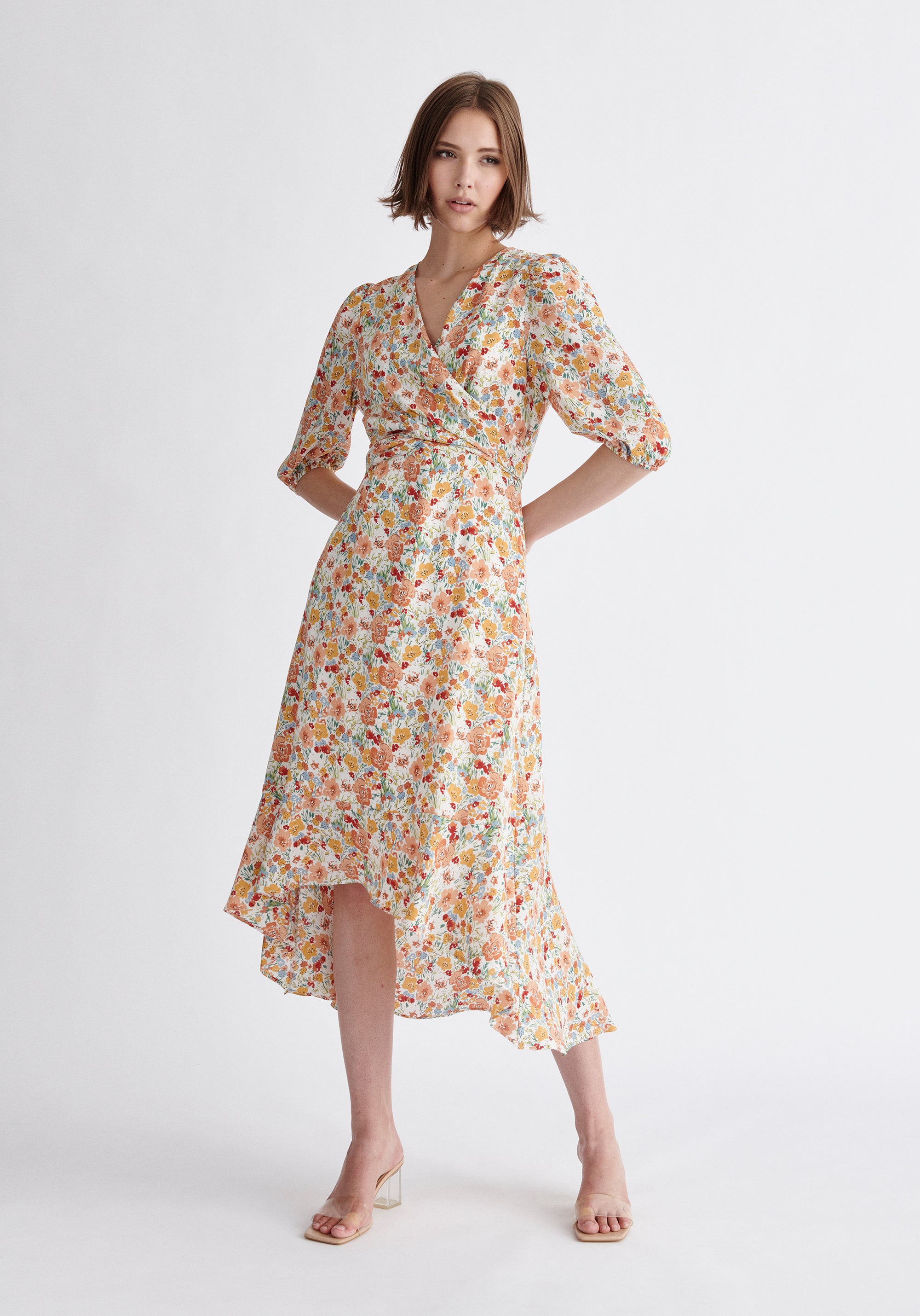 Paisie Floral Dip Hem Wrap Dress