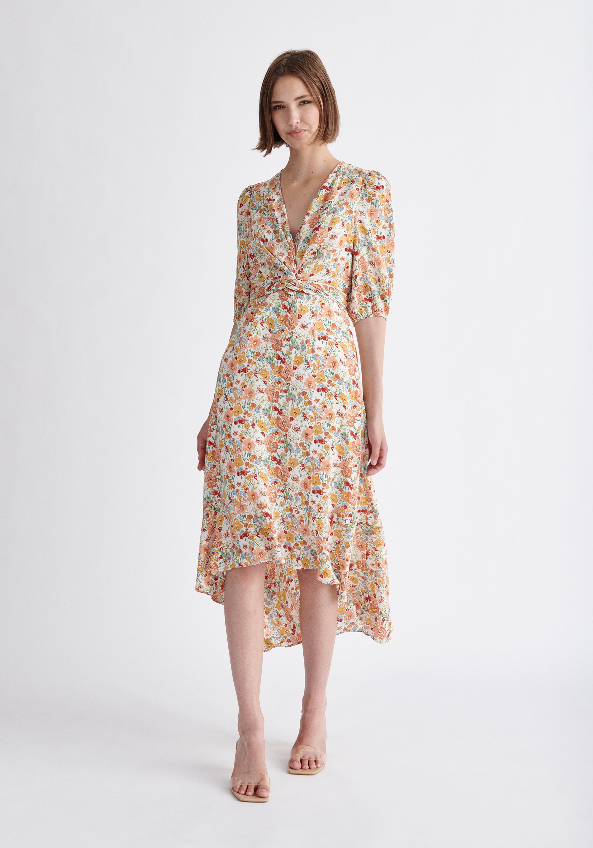Paisie Floral Dip Hem Wrap Dress