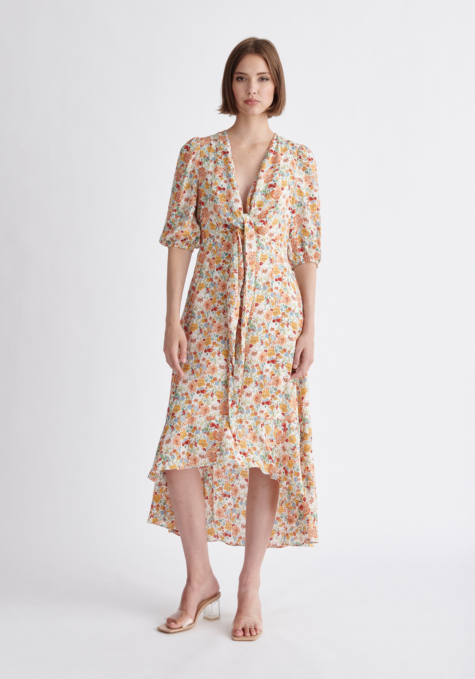 Paisie Floral Dip Hem Wrap Dress