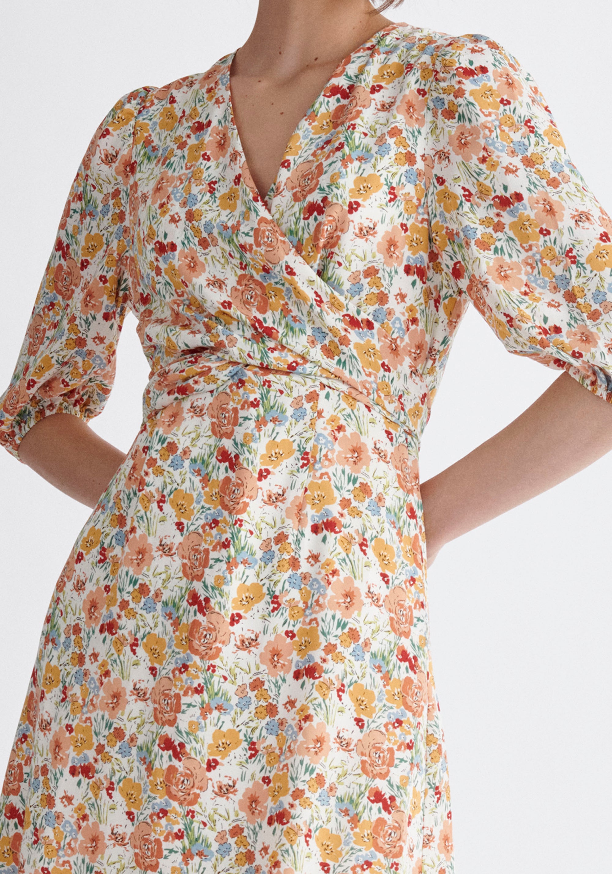 Paisie Floral Dip Hem Wrap Dress Close Up