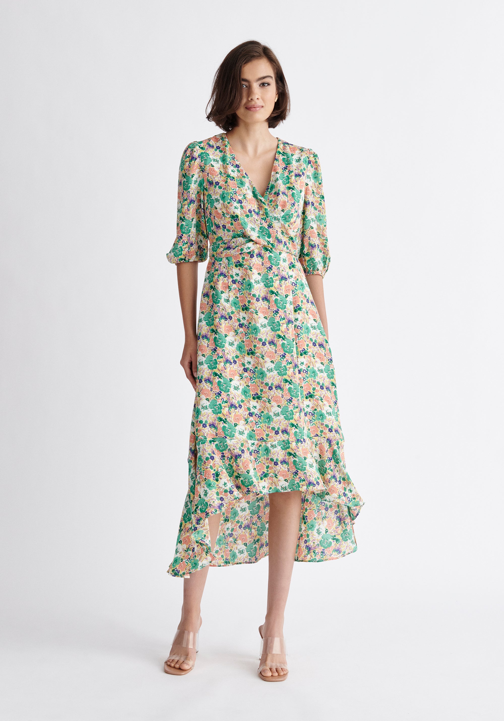 Paisie Floral Dip Hem Wrap Dress
