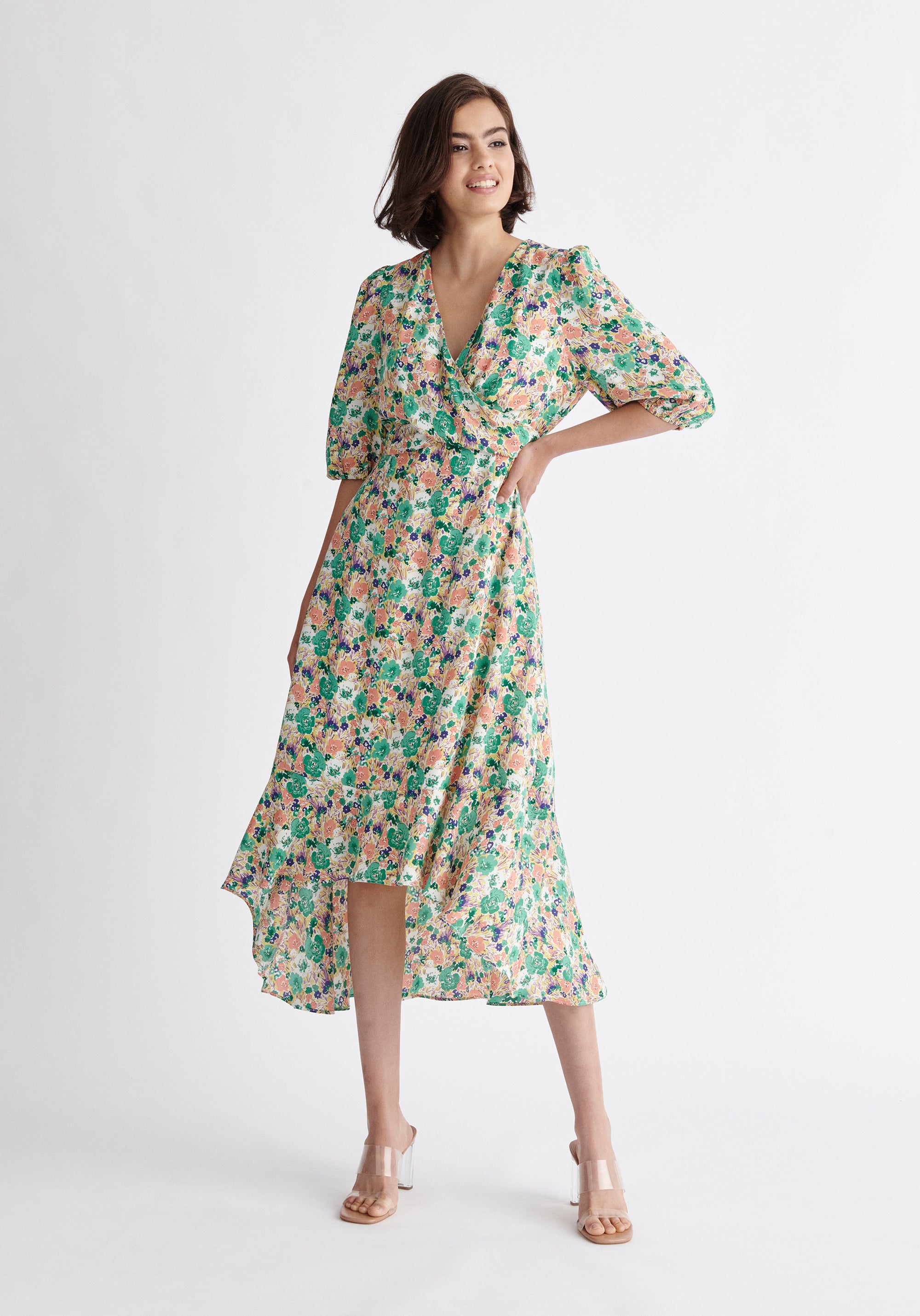 Paisie Floral Dip Hem Wrap Dress