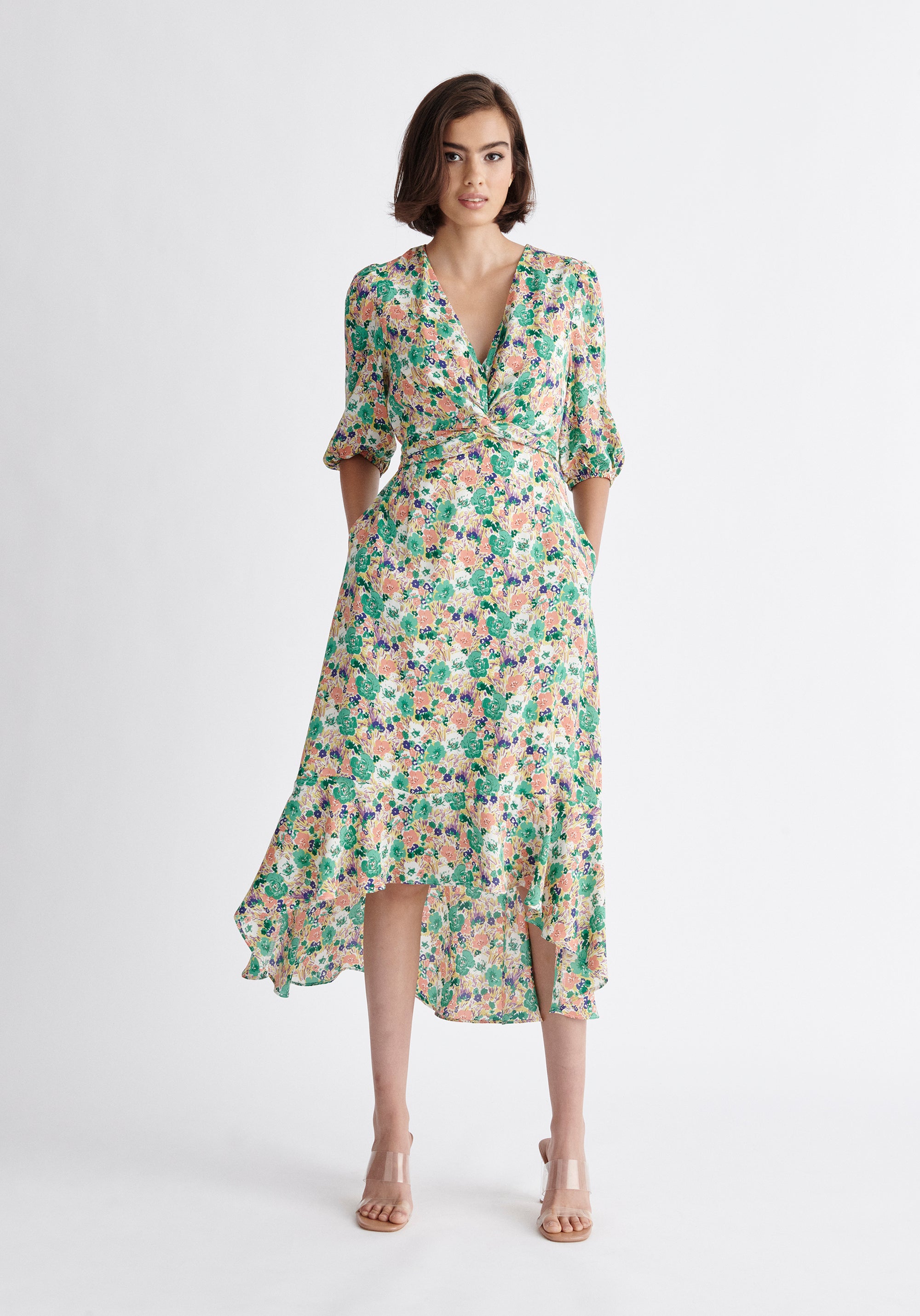 Paisie Floral Dip Hem Wrap Dress