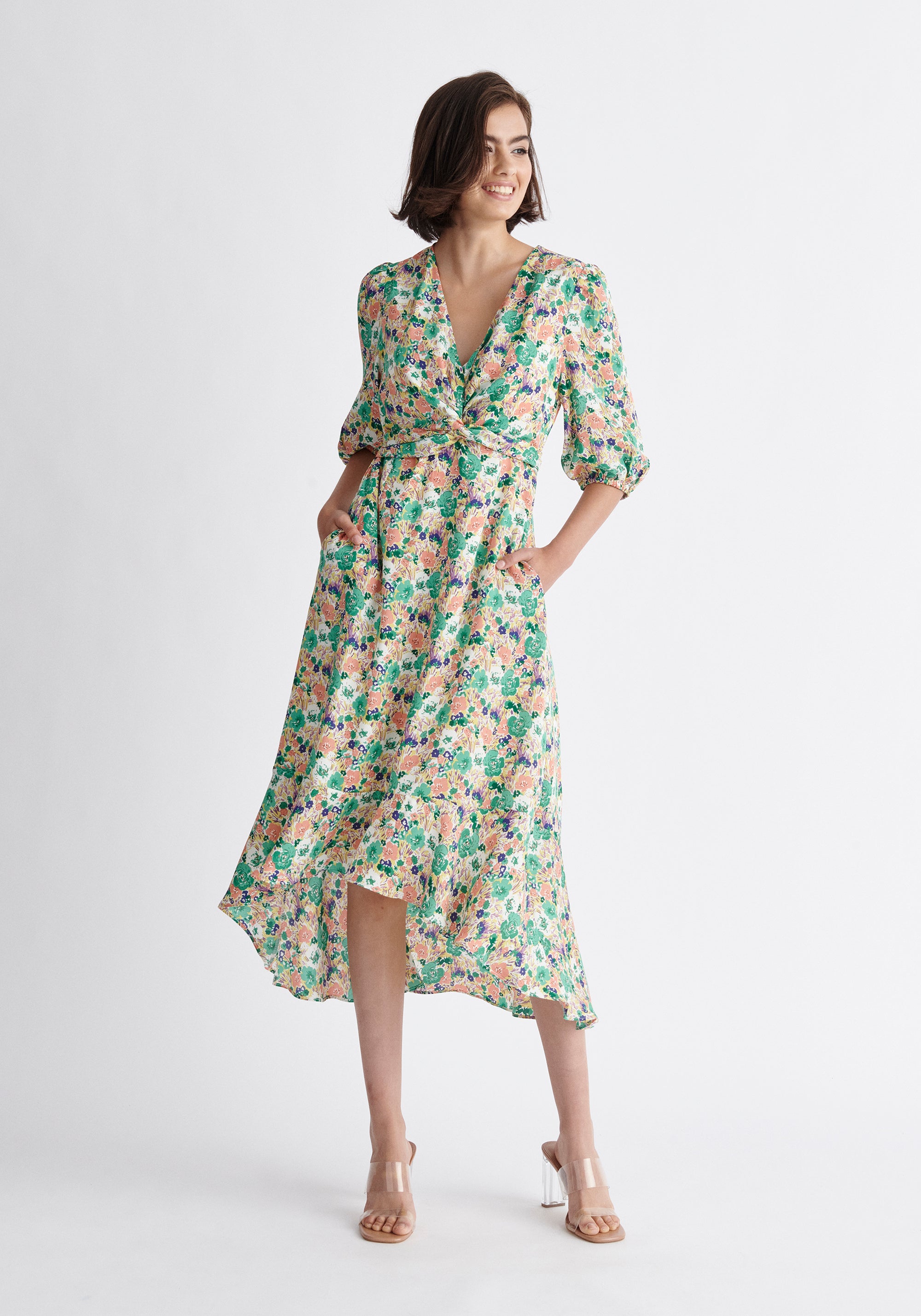 Paisie Floral Dip Hem Wrap Dress