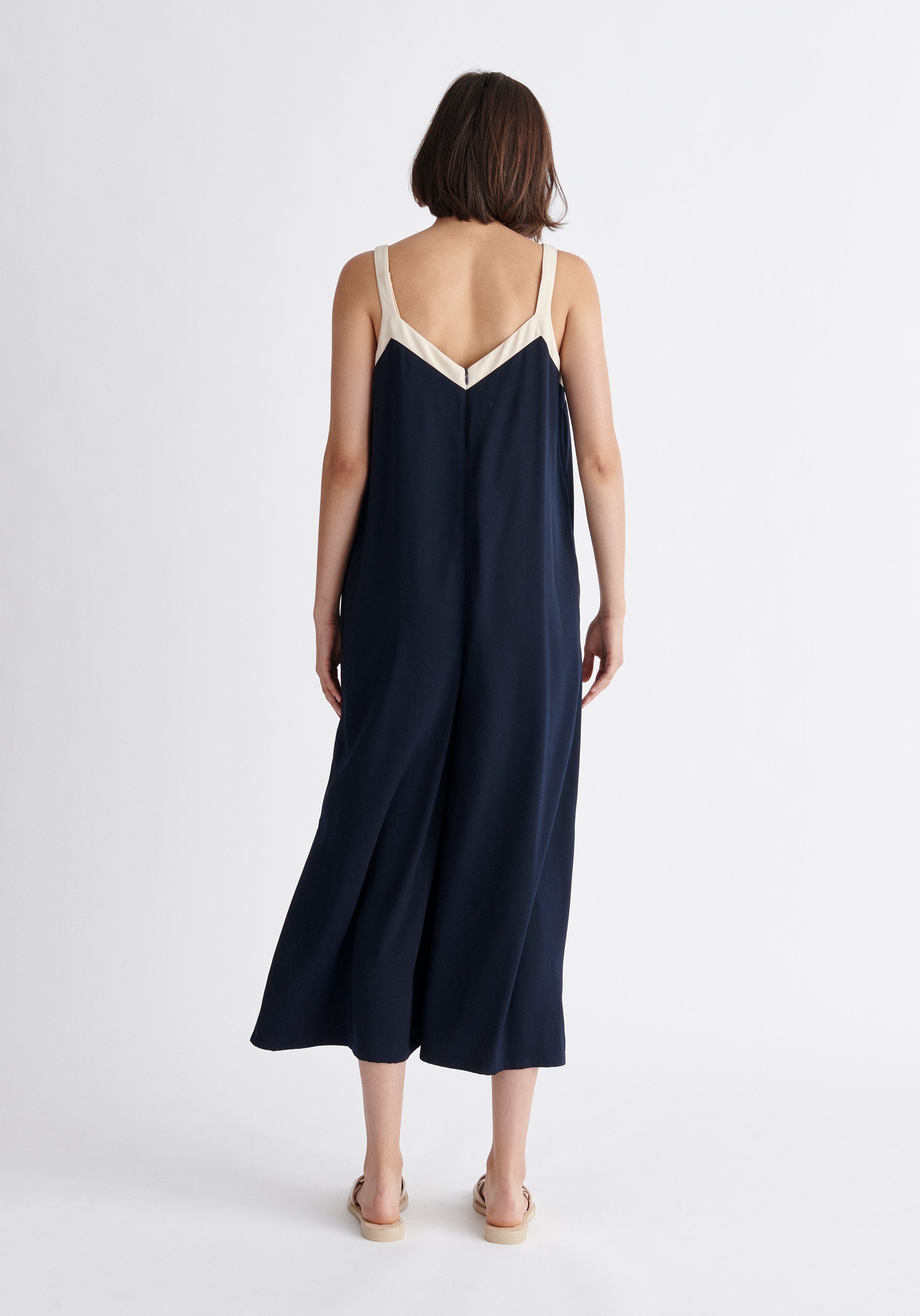 Paisie Contrast Colour Jumpsuit in Navy and Cream Back