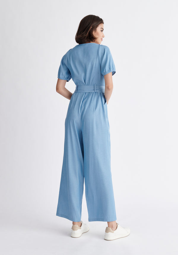 Paisie Puff Sleeve Sweetheart Jumpsuit in Light Blue Back