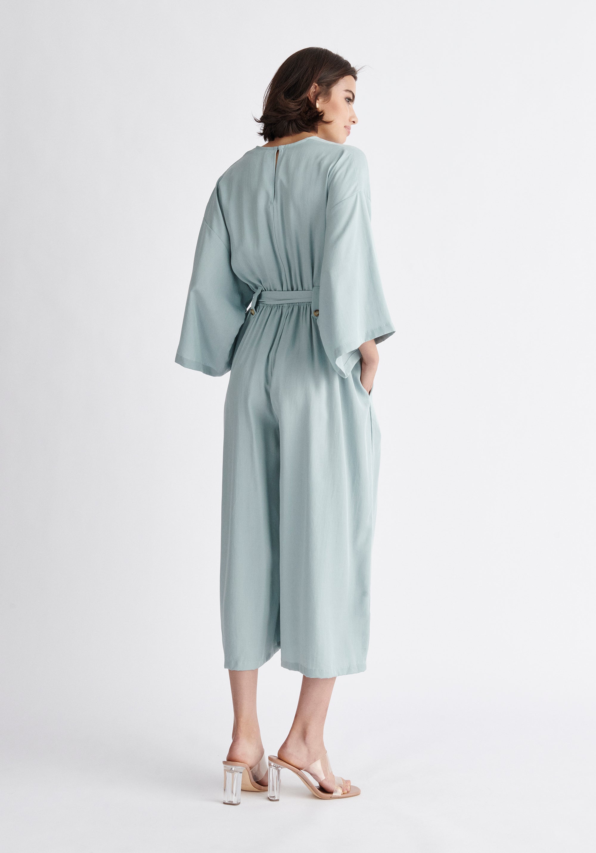 Paisie Tencel Kimono Jumpsuit in Teal Back