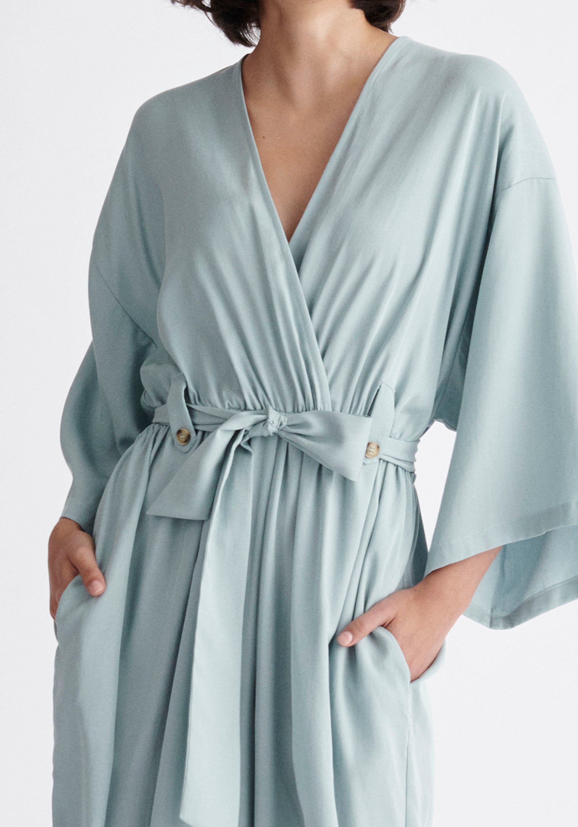 Paisie Tencel Kimono Jumpsuit in Teal Close Up