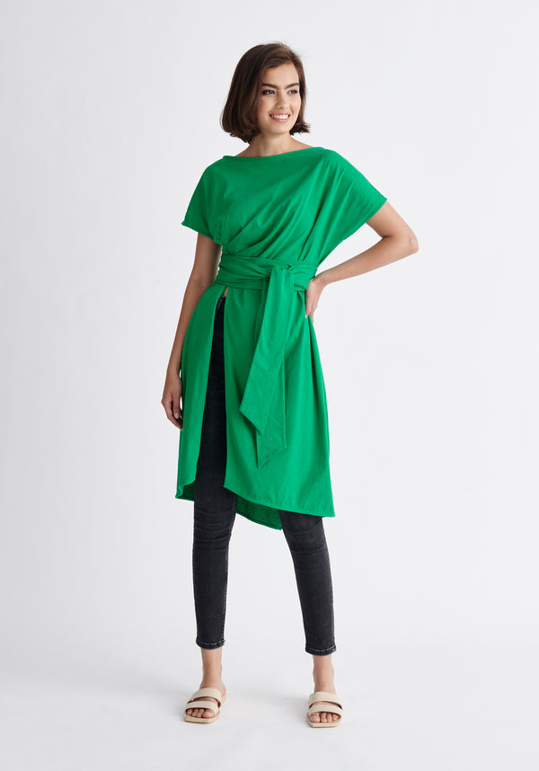 Paisie Long Waist Tie Cotton Top in Green