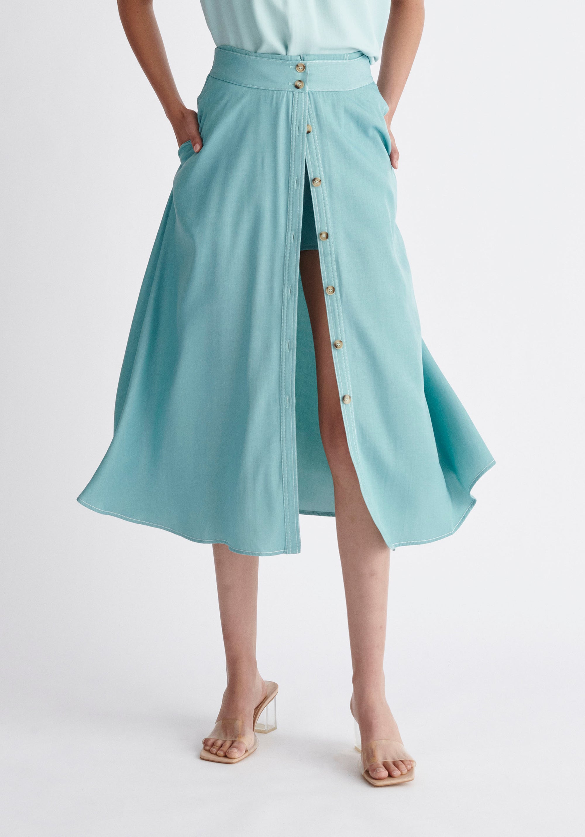 Paisie Midi Button Skort in Teal