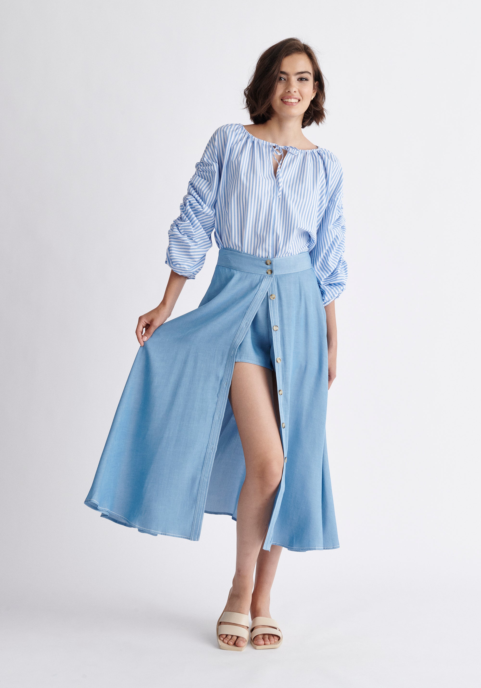 Paisie Midi Button Skort in Light Blue