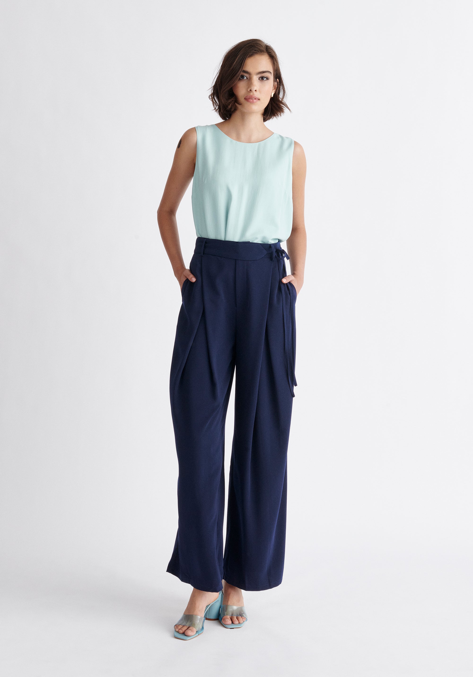 Paisie Pleated High Waist Trousers in Navy