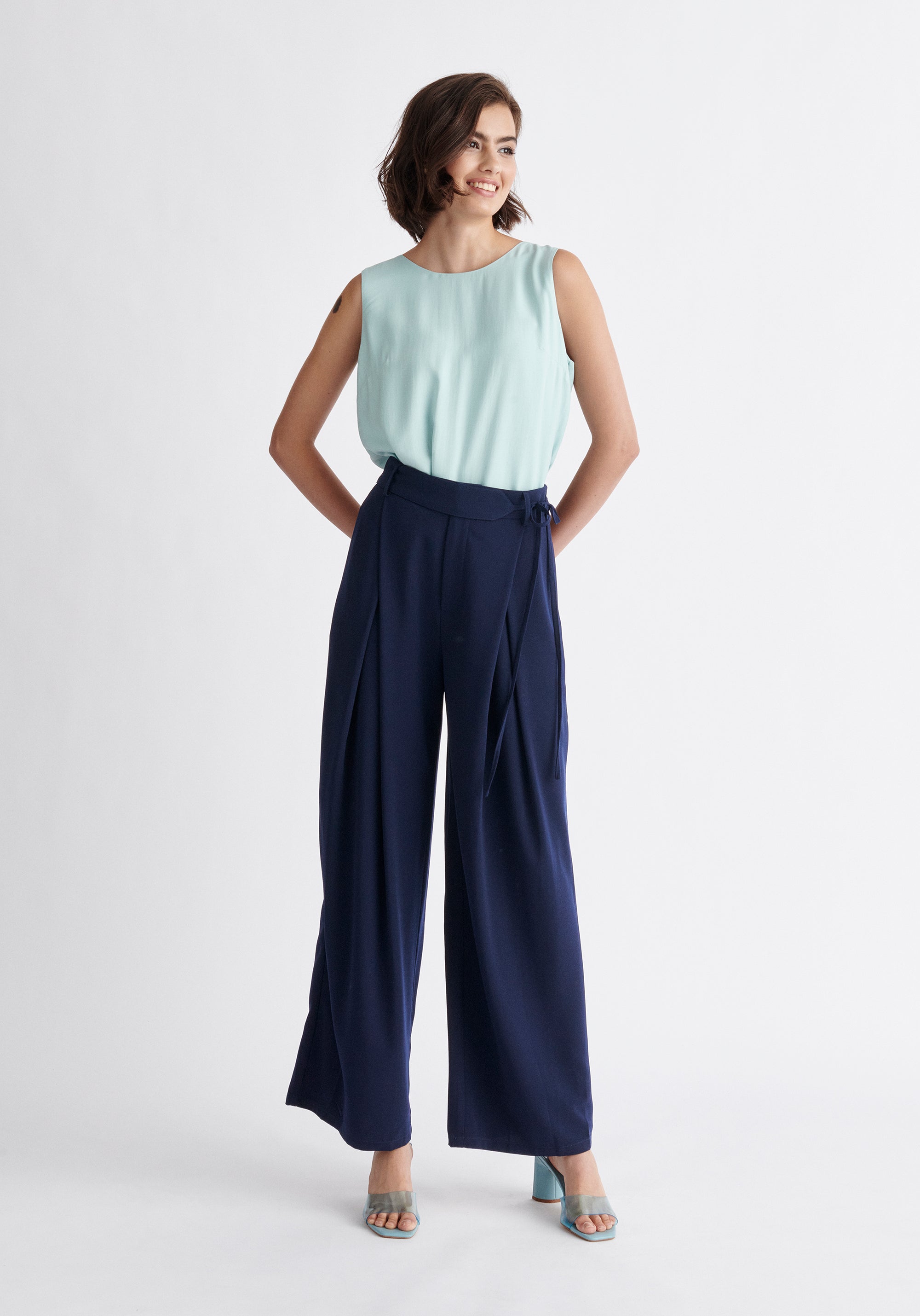 Paisie Pleated High Waist Trousers in Navy