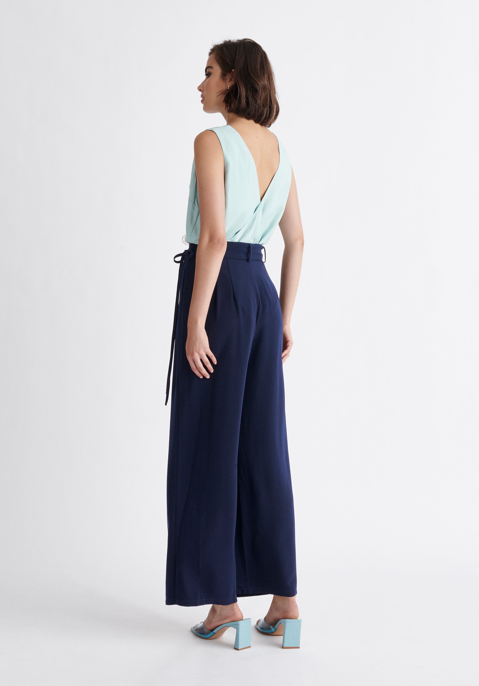 Paisie Pleated High Waist Trousers in Navy Back