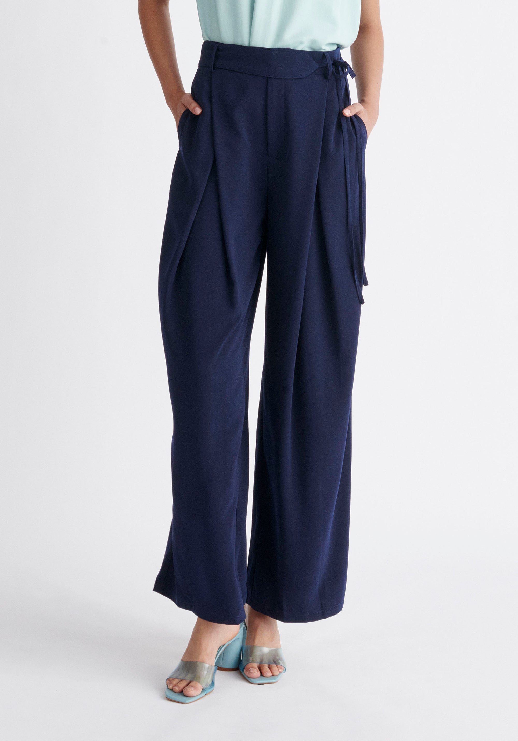 Paisie Pleated High Waist Trousers in Navy
