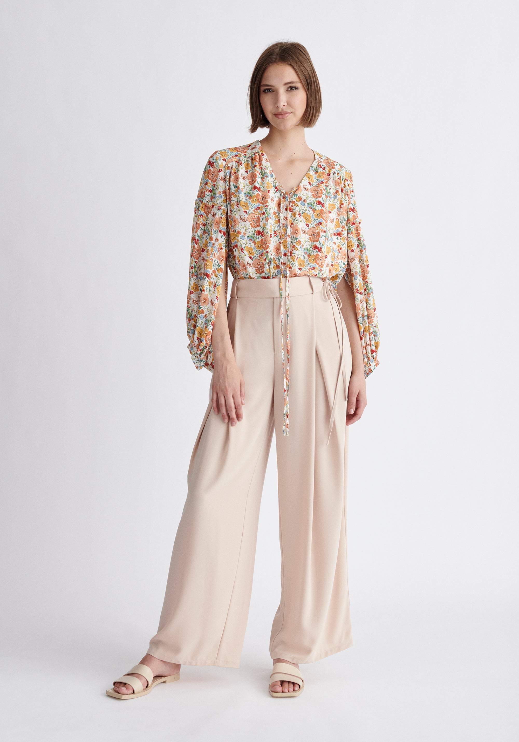 Paisie Pleated High Waist Trousers in Beige
