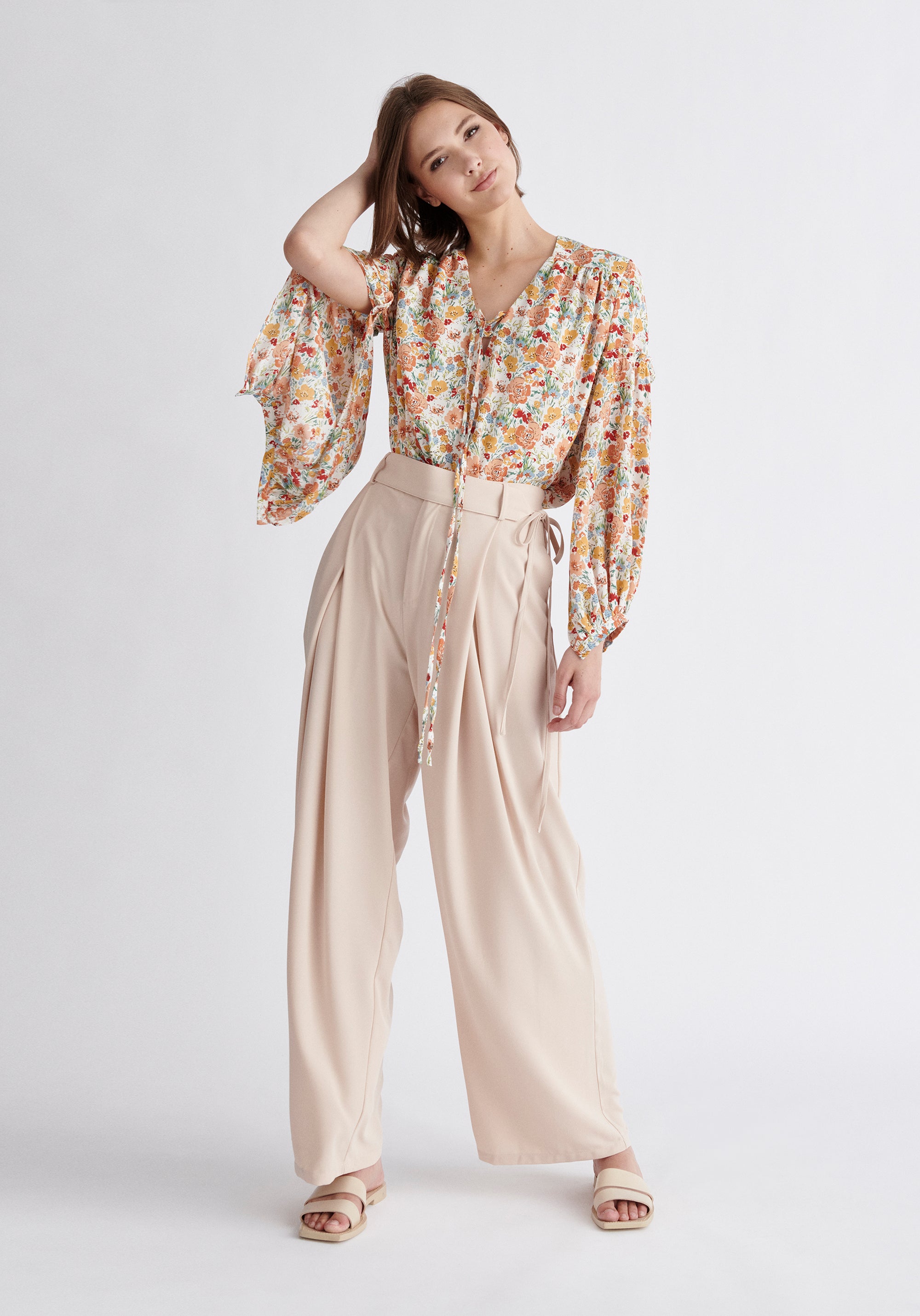 Paisie Pleated High Waist Trousers in Beige