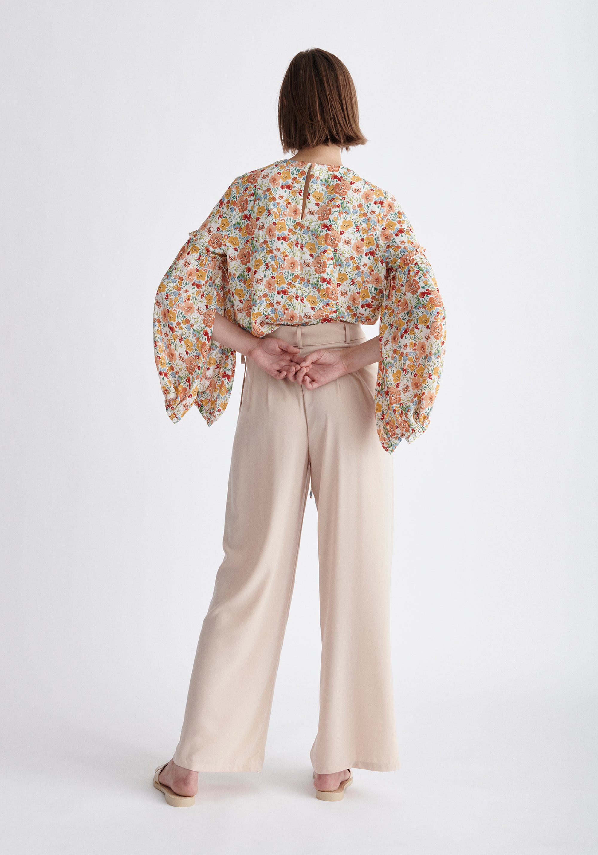 Paisie Pleated High Waist Trousers in Beige Back