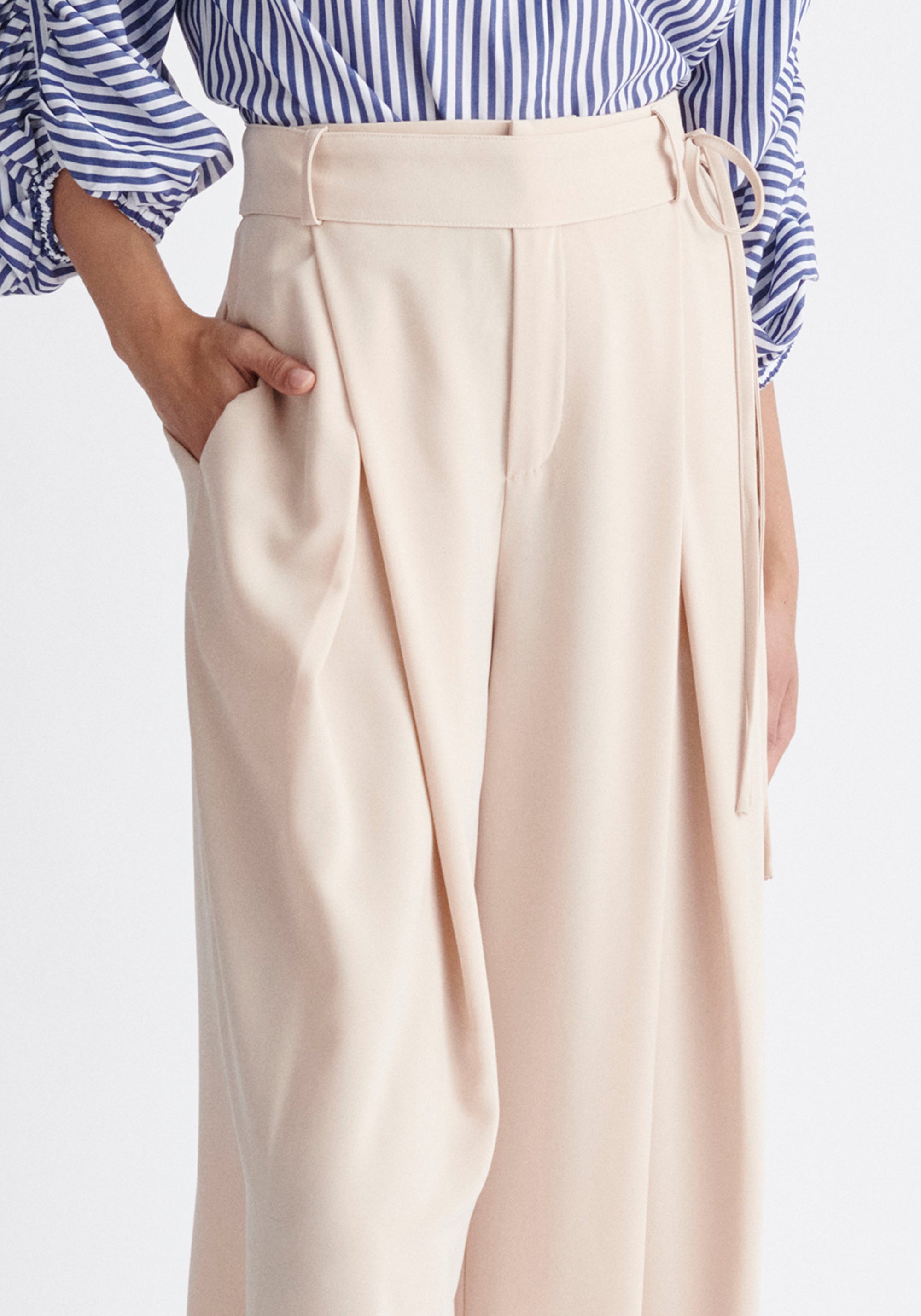 Paisie Pleated High Waist Trousers in Beige Close Up