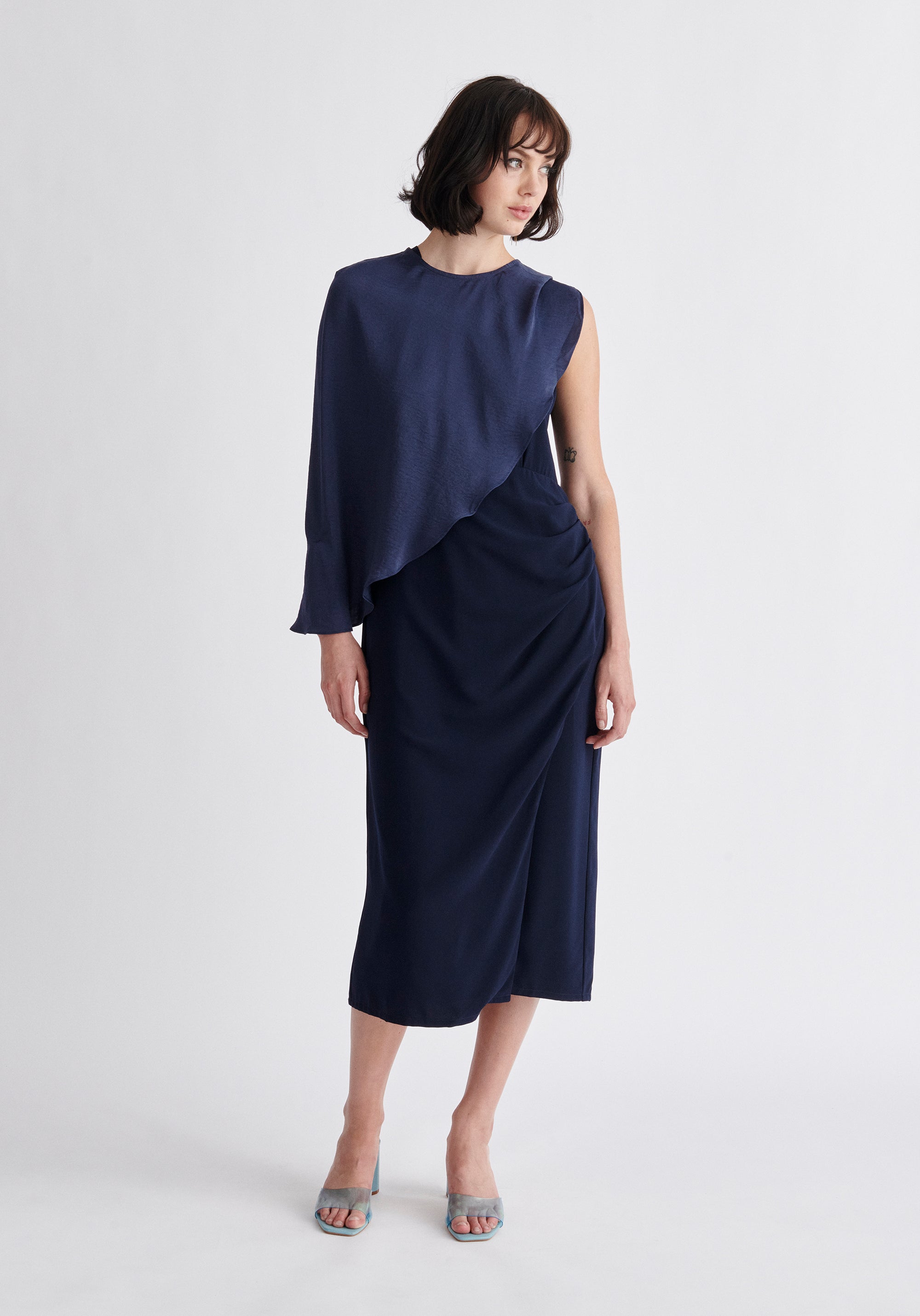 Paisie Detachable Cape Dress in Navy