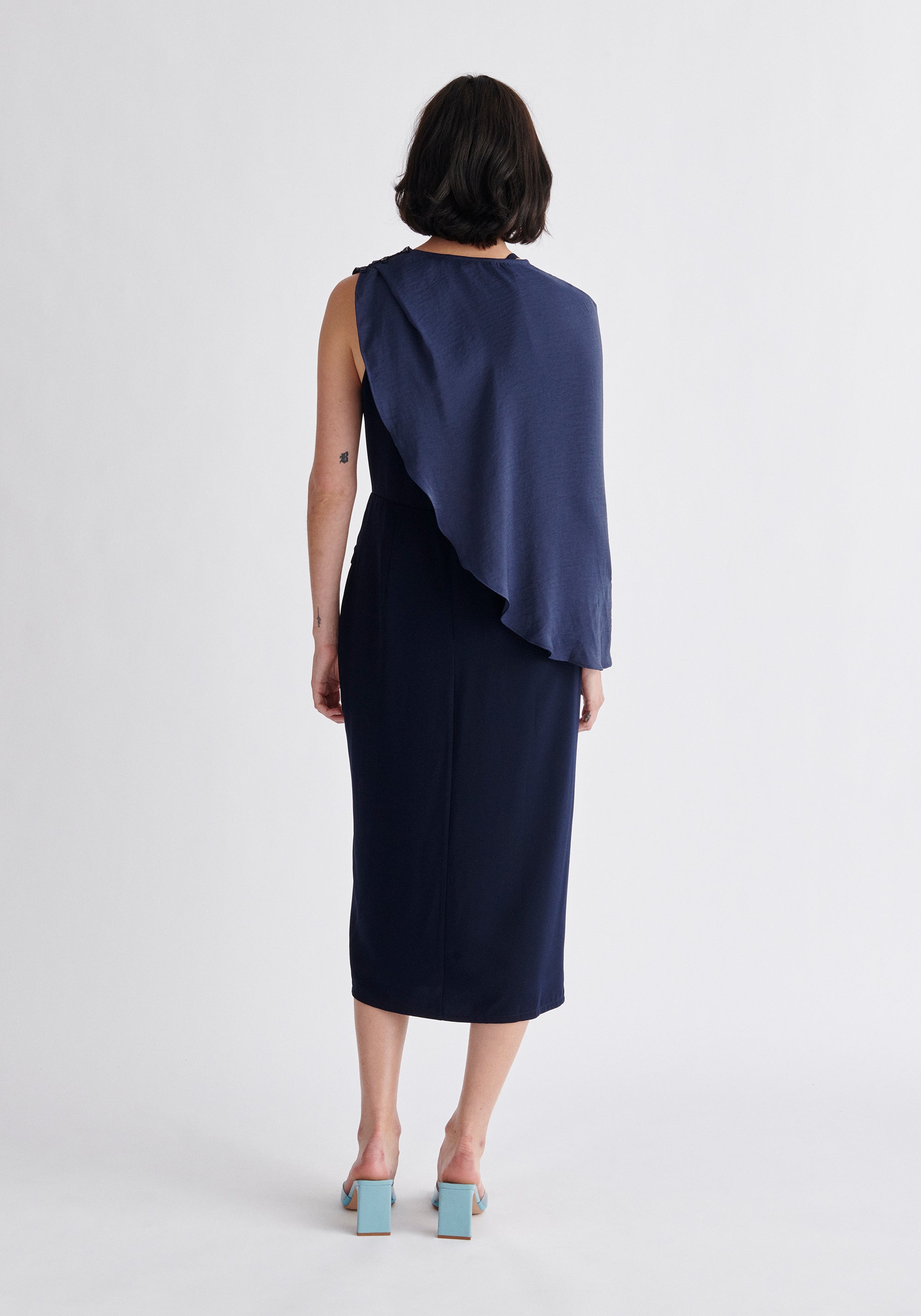 Paisie Detachable Cape Dress in Navy Back